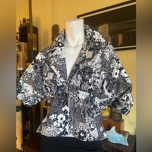 Whimsy Puffy V neck button crop sexy floral black and white blouse Regal
